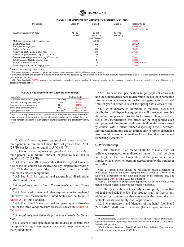 ASTM D5797-18 - Standard Specification for  Methanol Fuel Blends (M51&#x2013;M85) for Methanol-Capable  Automotive Spark-Ignition Engines