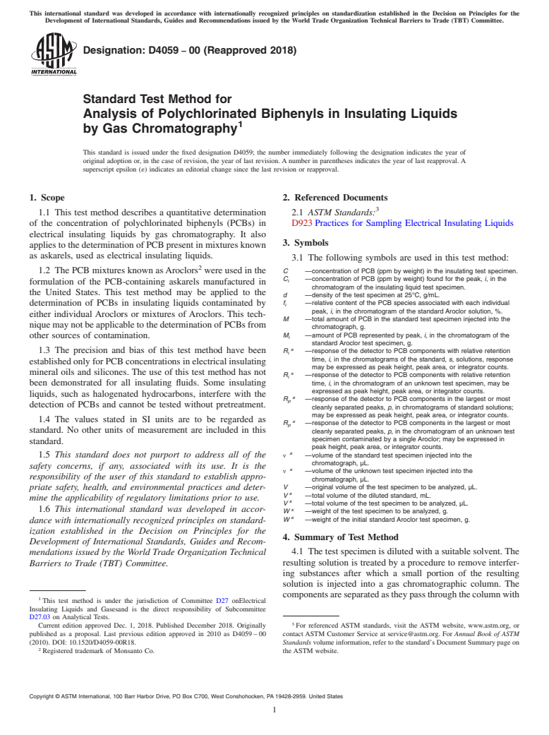 ASTM D4059-00(2018) - Standard Test Method for  Analysis of Polychlorinated Biphenyls in Insulating Liquids  by Gas Chromatography