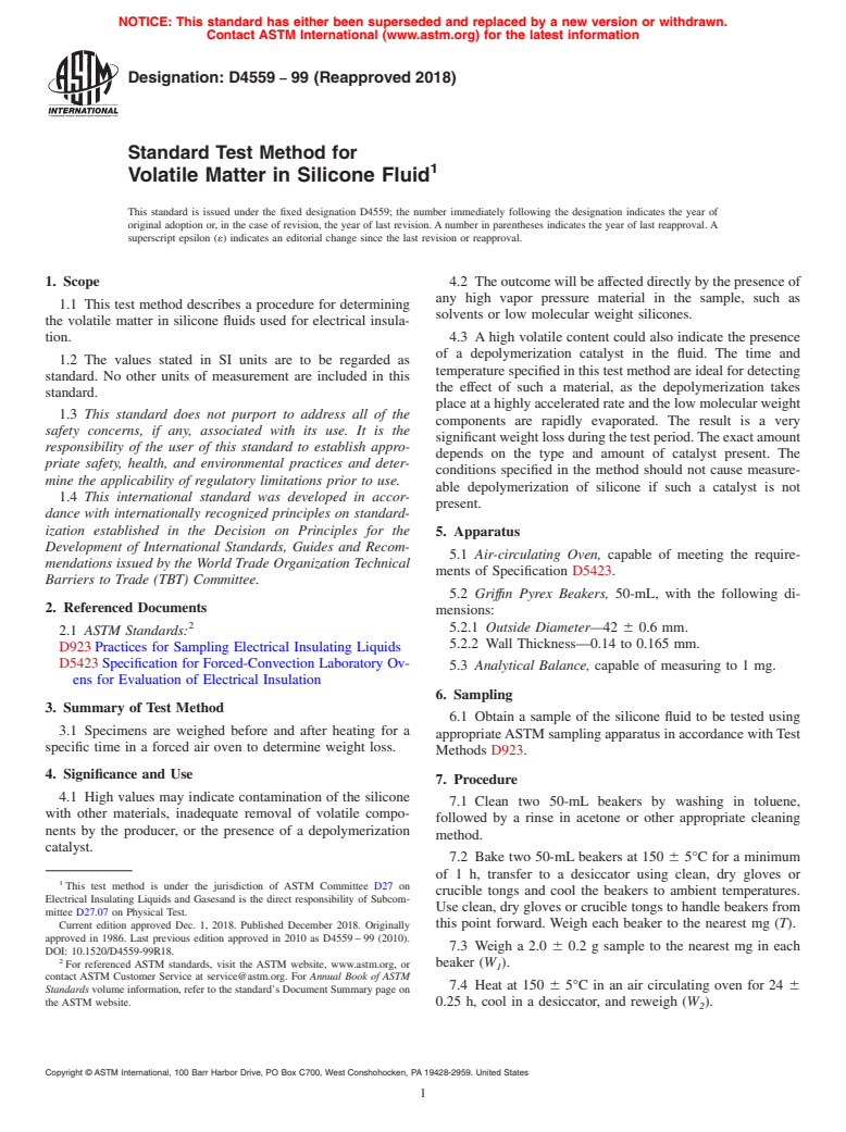 ASTM D4559-99(2018) - Standard Test Method for  Volatile Matter in Silicone Fluid (Withdrawn 2022)