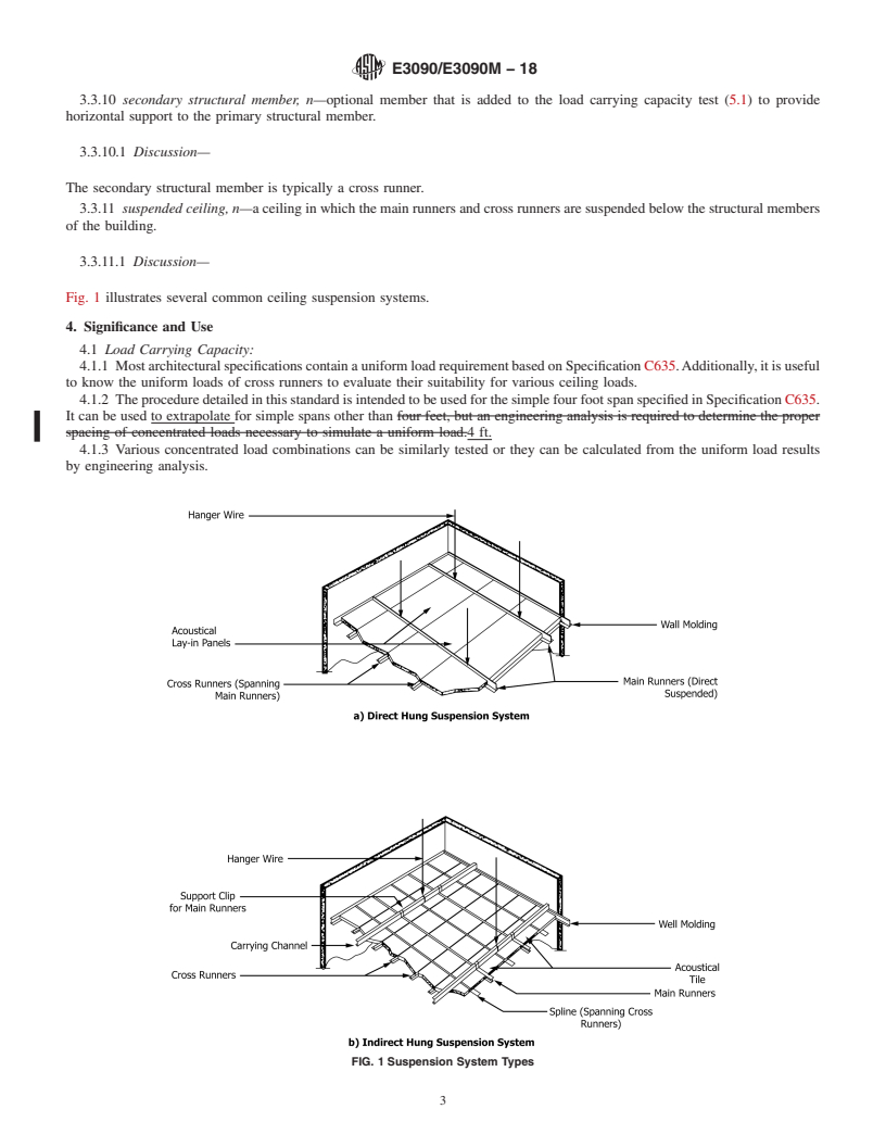 REDLINE ASTM E3090/E3090M-18 - Standard Test Methods for Strength Properties of Metal Ceiling Suspension Systems