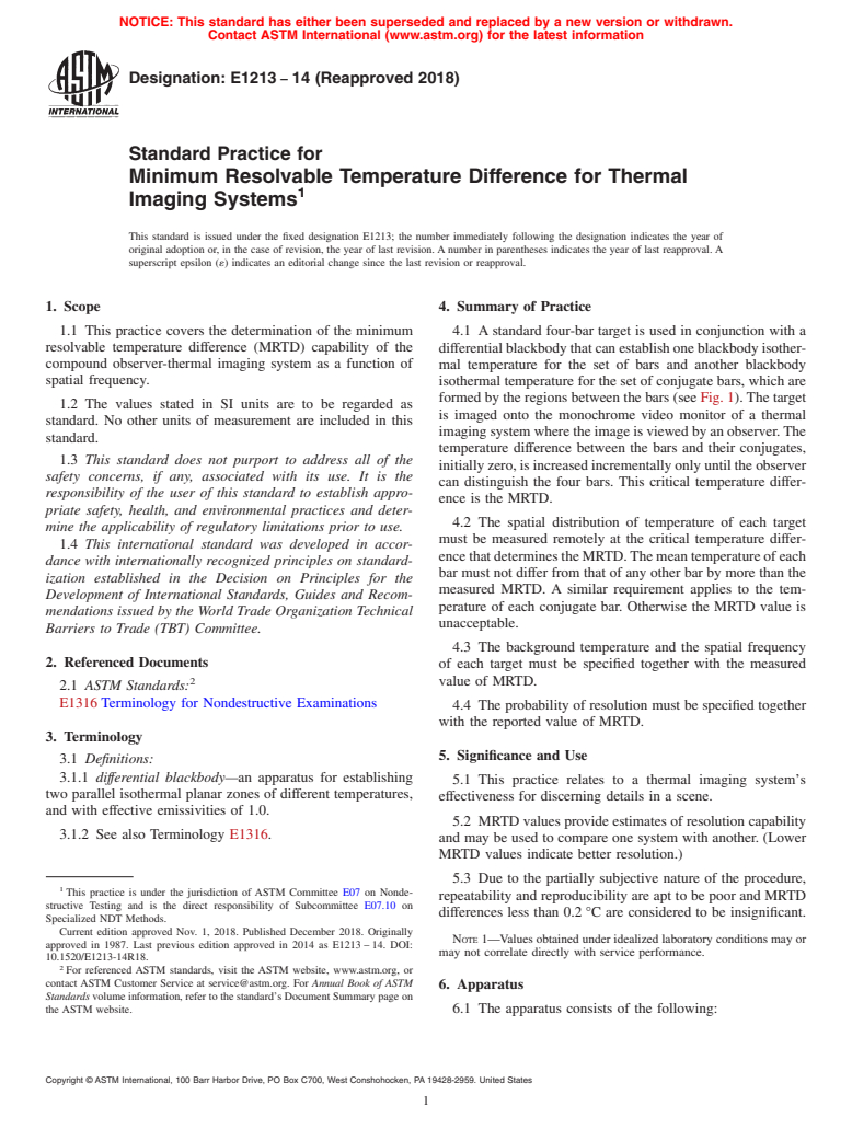 ASTM E1213-14(2018) - Standard Practice for  Minimum Resolvable Temperature Difference for Thermal Imaging  Systems