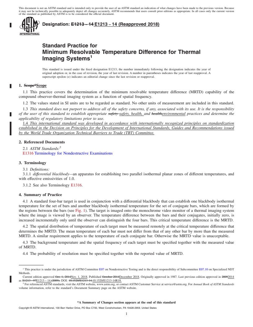 REDLINE ASTM E1213-14(2018) - Standard Practice for  Minimum Resolvable Temperature Difference for Thermal Imaging  Systems