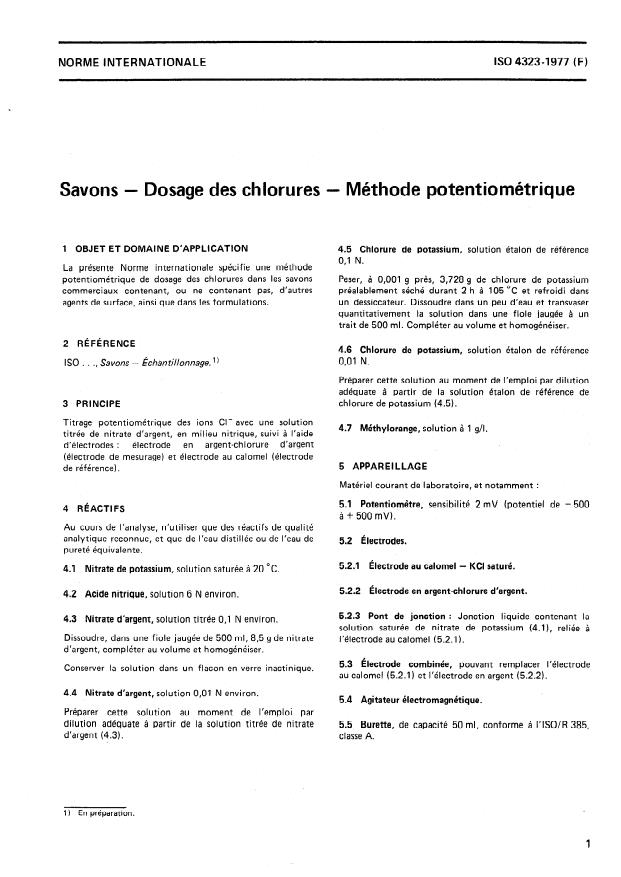 ISO 4323:1977 - Savons -- Dosage des chlorures -- Méthode potentiométrique