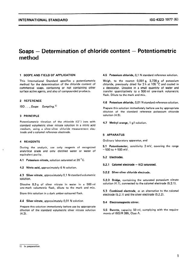 ISO 4323:1977 - Soaps -- Determination of chlorides content -- Potentiometric method