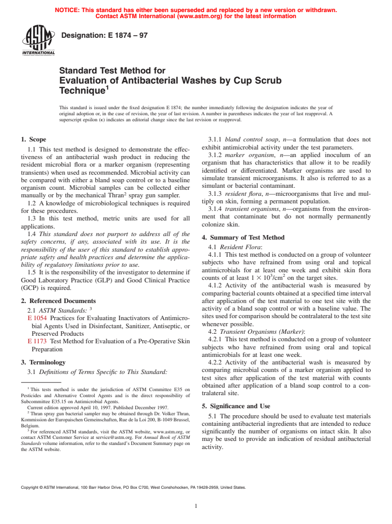 ASTM E1874-97 - Standard Test Method for Evaluation of Antibacterial Washes by Cup Scrub Technique (Withdrawn 2006)