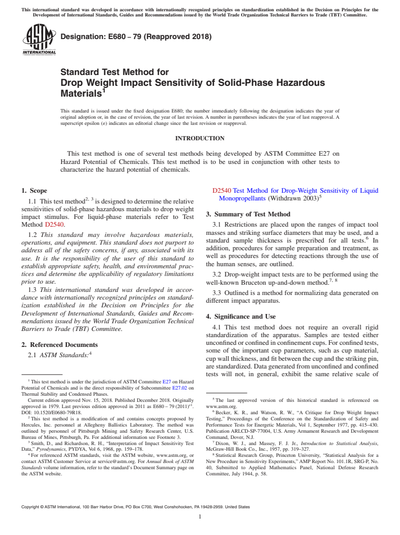 ASTM E680-79(2018) - Standard Test Method for  Drop Weight Impact Sensitivity of Solid-Phase Hazardous Materials