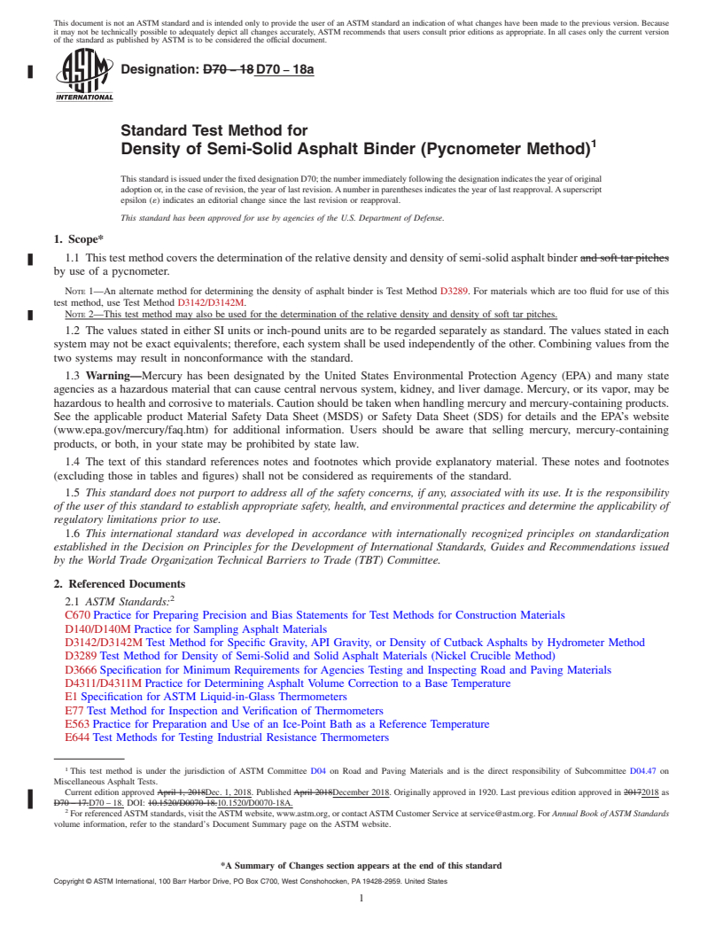 REDLINE ASTM D70-18a - Standard Test Method for  Density of Semi-Solid Asphalt Binder (Pycnometer Method)