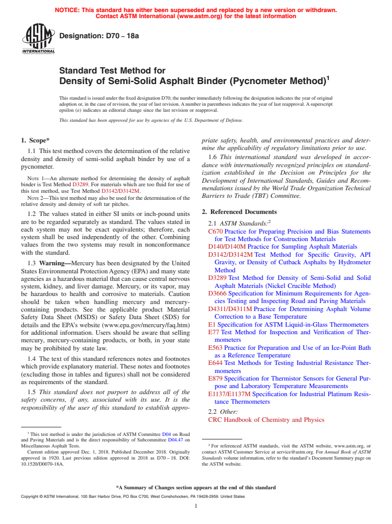 ASTM D70-18a - Standard Test Method for  Density of Semi-Solid Asphalt Binder (Pycnometer Method)