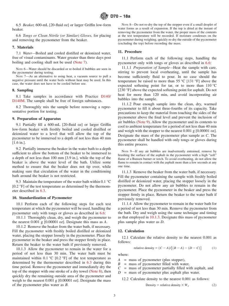 ASTM D70-18a - Standard Test Method for  Density of Semi-Solid Asphalt Binder (Pycnometer Method)