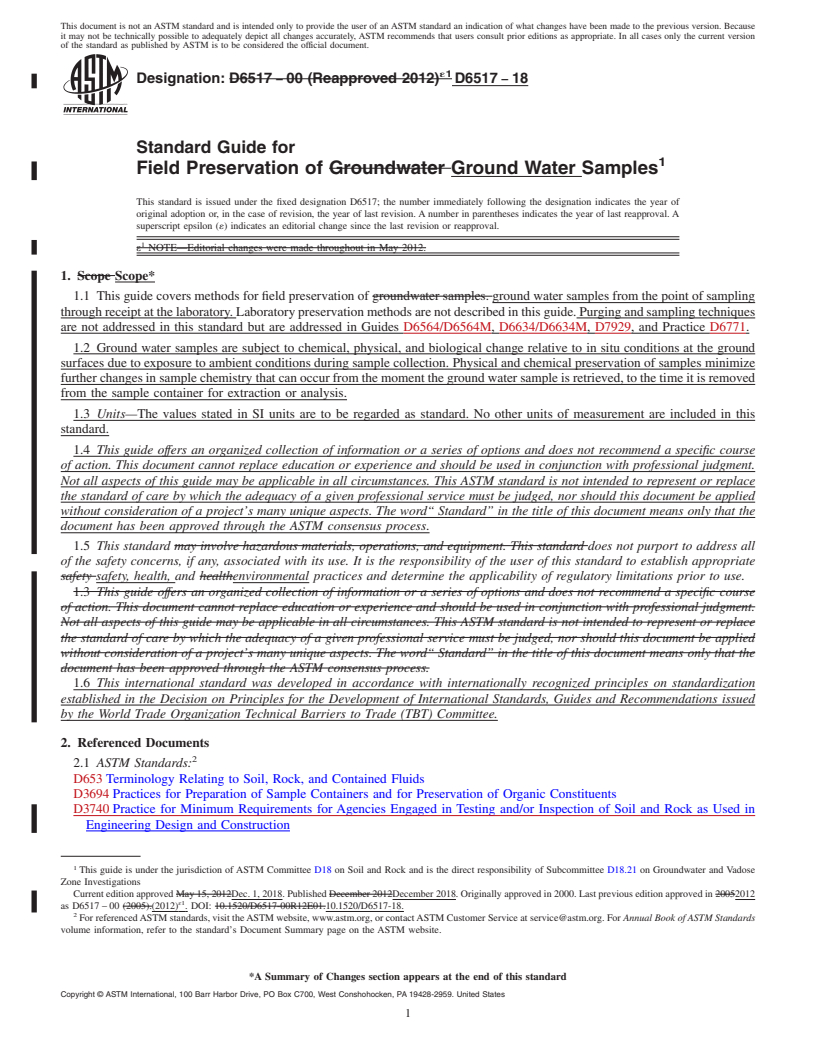 REDLINE ASTM D6517-18 - Standard Guide for  Field Preservation of Ground Water Samples