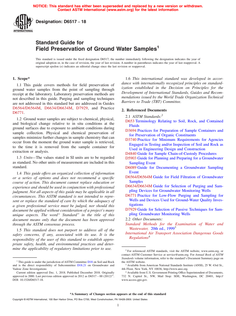 ASTM D6517-18 - Standard Guide for  Field Preservation of Ground Water Samples