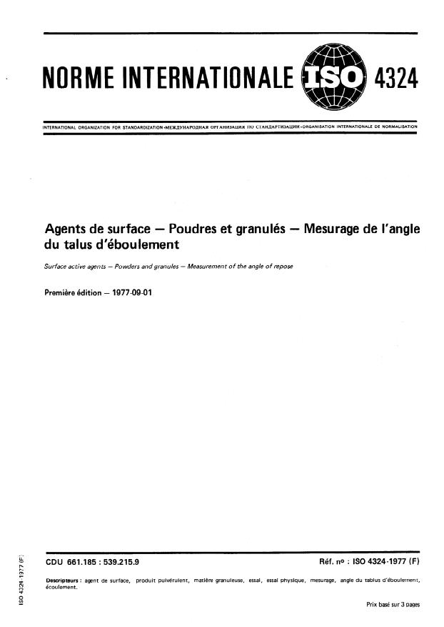 ISO 4324:1977 - Agents de surface -- Poudres et granulés -- Mesurage de l'angle du talus d'éboulement