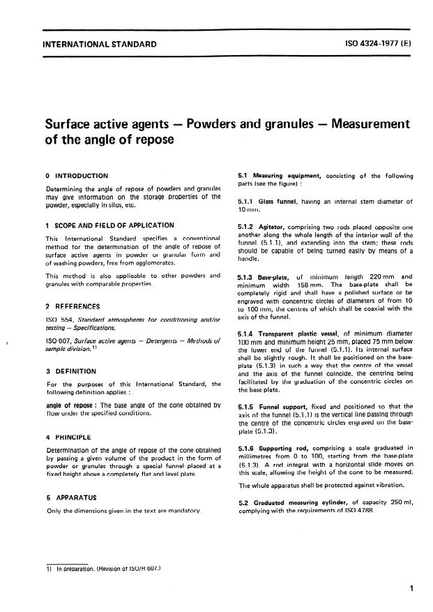 ISO 4324:1977 - Surface active agents -- Powders and granules -- Measurement of the angle of repose