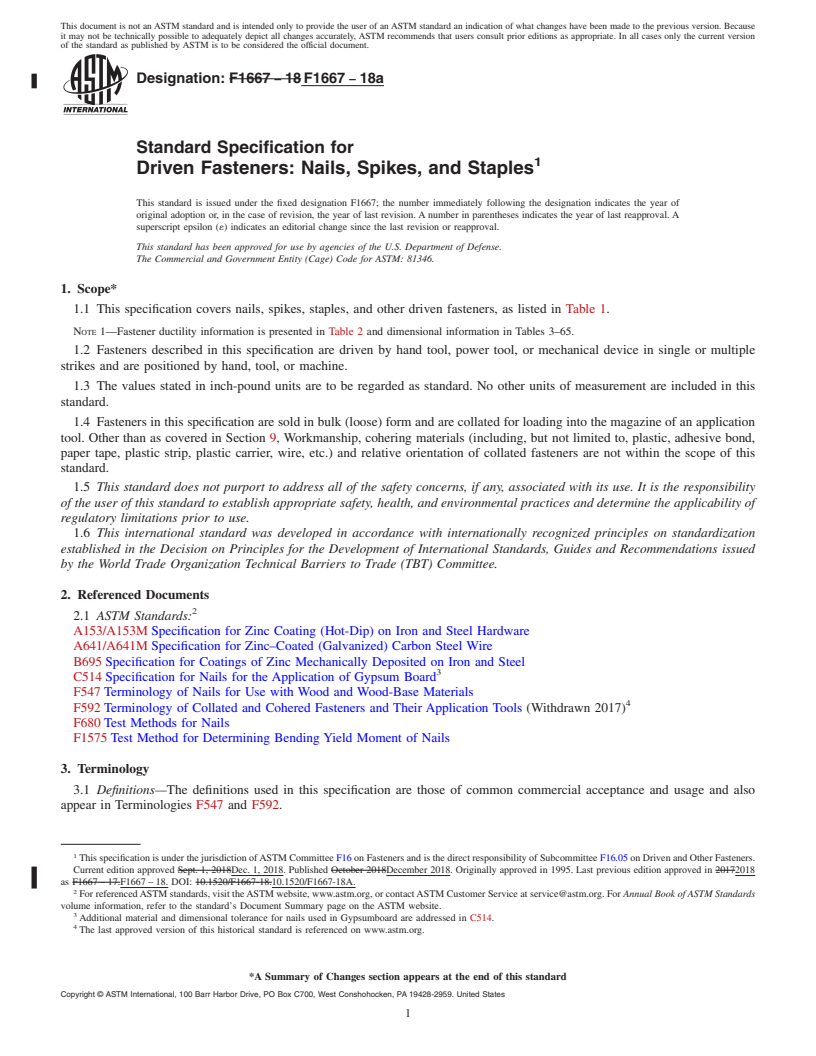 REDLINE ASTM F1667-18a - Standard Specification for  Driven Fasteners: Nails, Spikes, and Staples