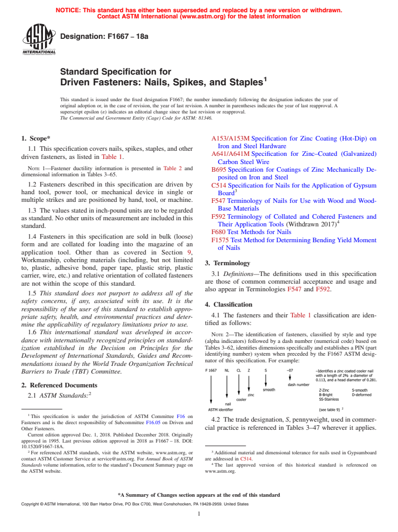 ASTM F1667-18a - Standard Specification for  Driven Fasteners: Nails, Spikes, and Staples