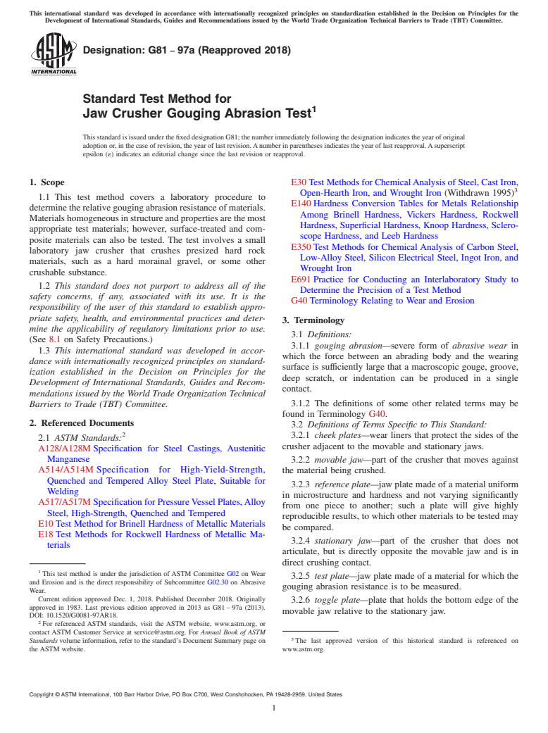 ASTM G81-97a(2018) - Standard Test Method for  Jaw Crusher Gouging Abrasion Test