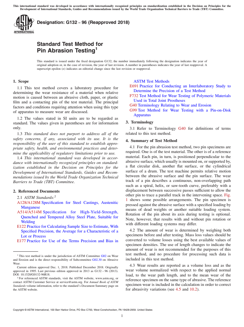 ASTM G132-96(2018) - Standard Test Method for Pin Abrasion Testing