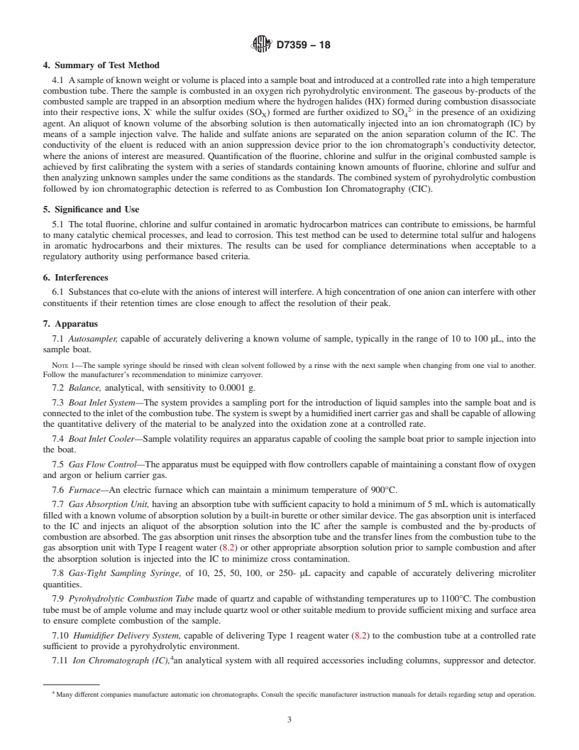 REDLINE ASTM D7359-18 - Standard Test Method for Total Fluorine, Chlorine and Sulfur in Aromatic Hydrocarbons  and Their           Mixtures by Oxidative Pyrohydrolytic Combustion  followed by Ion Chromatography           Detection (Combustion Ion  Chromatography-CIC)