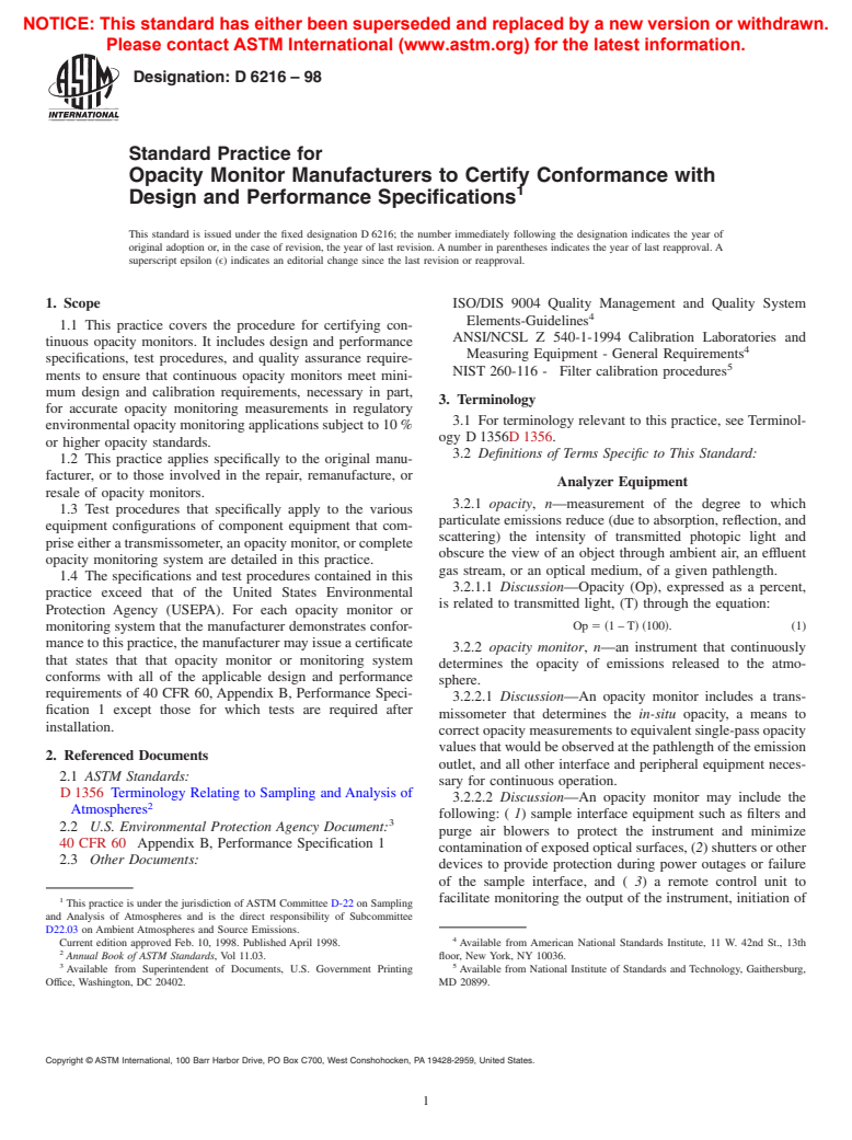 ASTM D6216-98 - Standard Practice for Opacity Monitor Manufacturers to Certify Conformance with Design and Performance Specifications