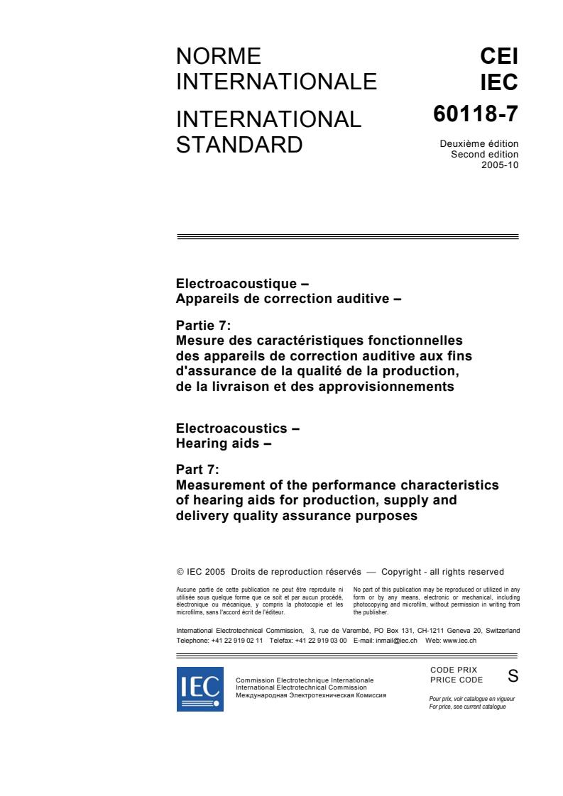 IEC 60118-7:2005 - Electroacoustics - Hearing aids - Part 7: Measurement of the performance characteristics of hearing aids for production, supply and delivery quality assurance purposes