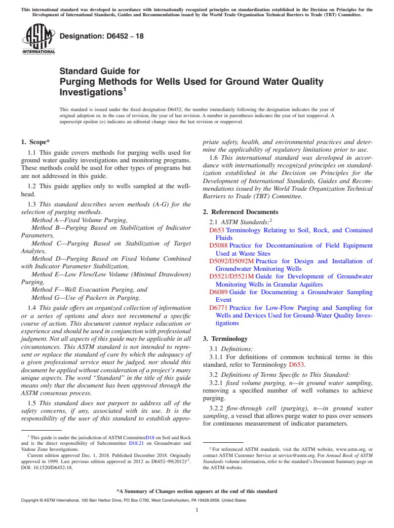 ASTM D6452-18 - Standard Guide for  Purging Methods for Wells Used for Ground Water Quality Investigations