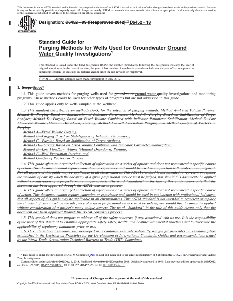 REDLINE ASTM D6452-18 - Standard Guide for  Purging Methods for Wells Used for Ground Water Quality Investigations