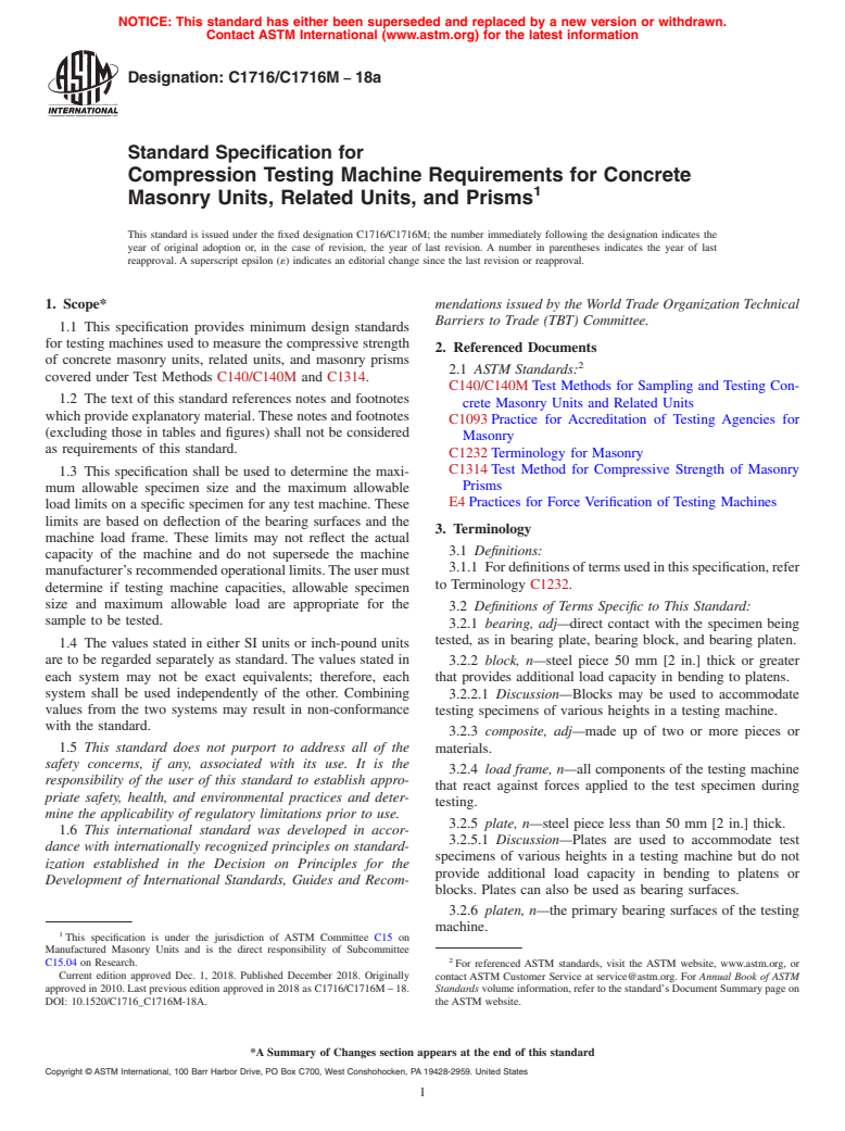 ASTM C1716/C1716M-18a - Standard Specification for  Compression Testing Machine Requirements for Concrete Masonry   Units, Related Units, and Prisms