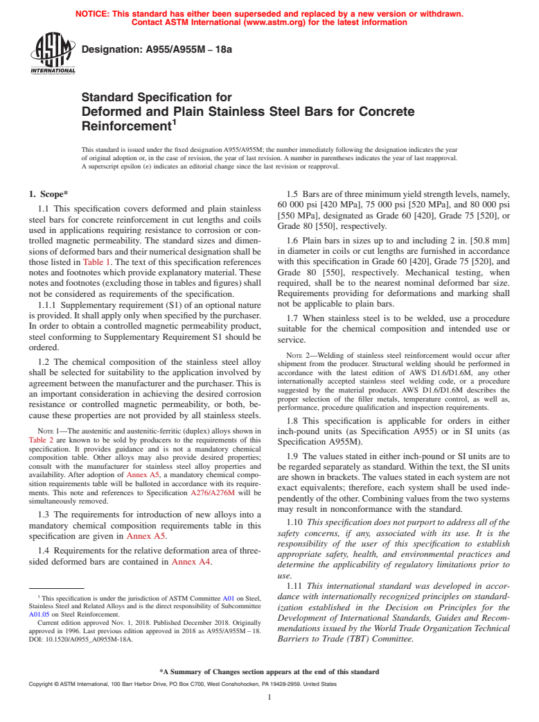 ASTM A955/A955M-18a - Standard Specification for  Deformed and Plain Stainless Steel Bars for Concrete Reinforcement