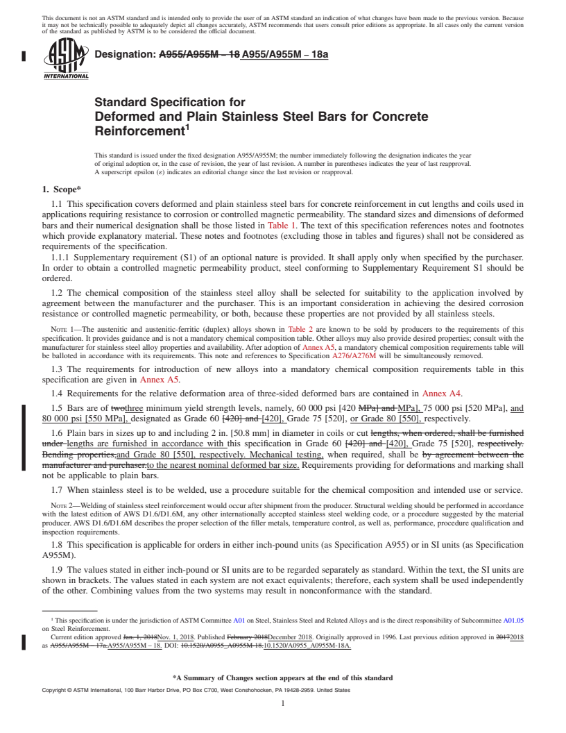 REDLINE ASTM A955/A955M-18a - Standard Specification for  Deformed and Plain Stainless Steel Bars for Concrete Reinforcement