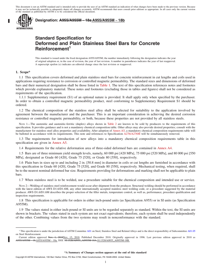 REDLINE ASTM A955/A955M-18b - Standard Specification for  Deformed and Plain Stainless Steel Bars for Concrete Reinforcement