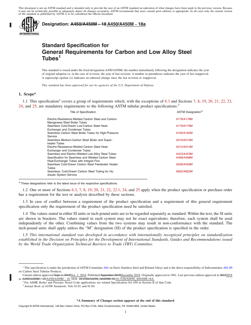 REDLINE ASTM A450/A450M-18a - Standard Specification for  General Requirements for Carbon and Low Alloy Steel Tubes