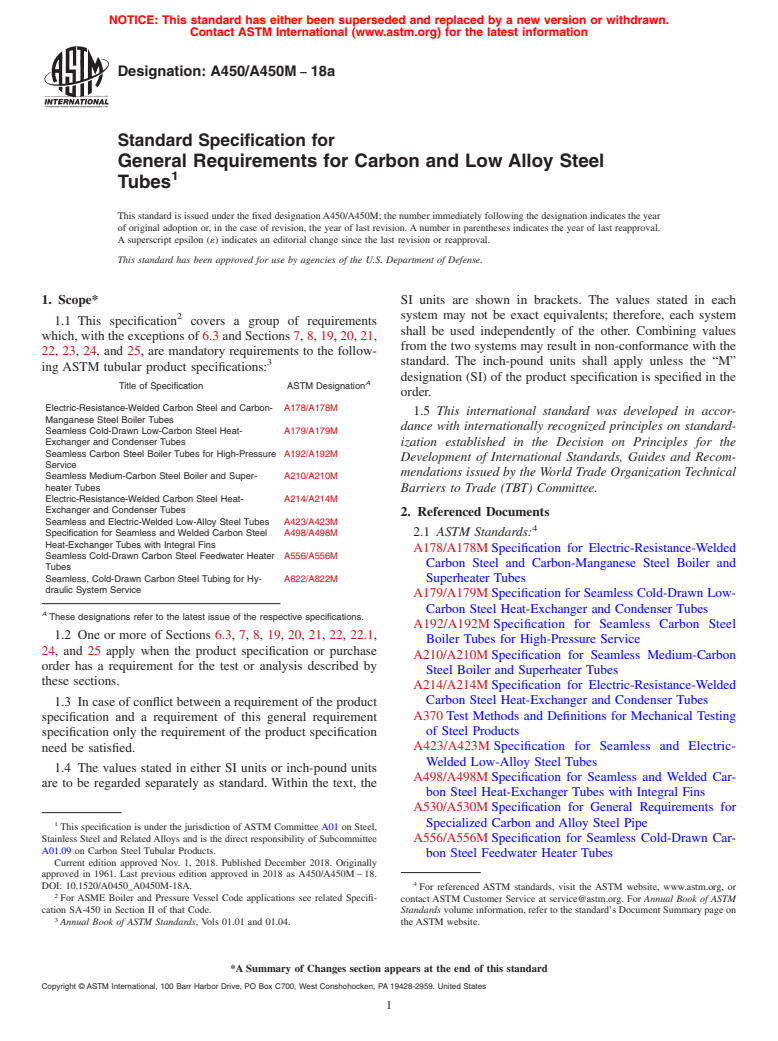 ASTM A450/A450M-18a - Standard Specification for  General Requirements for Carbon and Low Alloy Steel Tubes