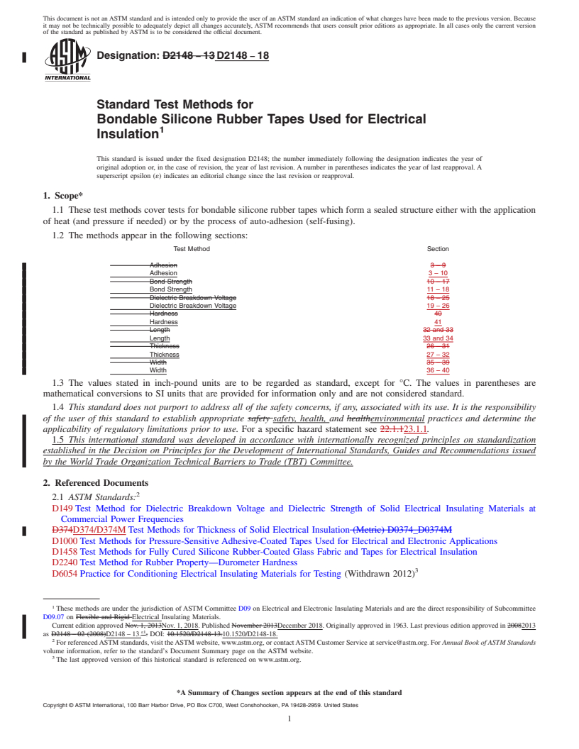 REDLINE ASTM D2148-18 - Standard Test Methods for  Bondable Silicone Rubber Tapes Used for Electrical Insulation