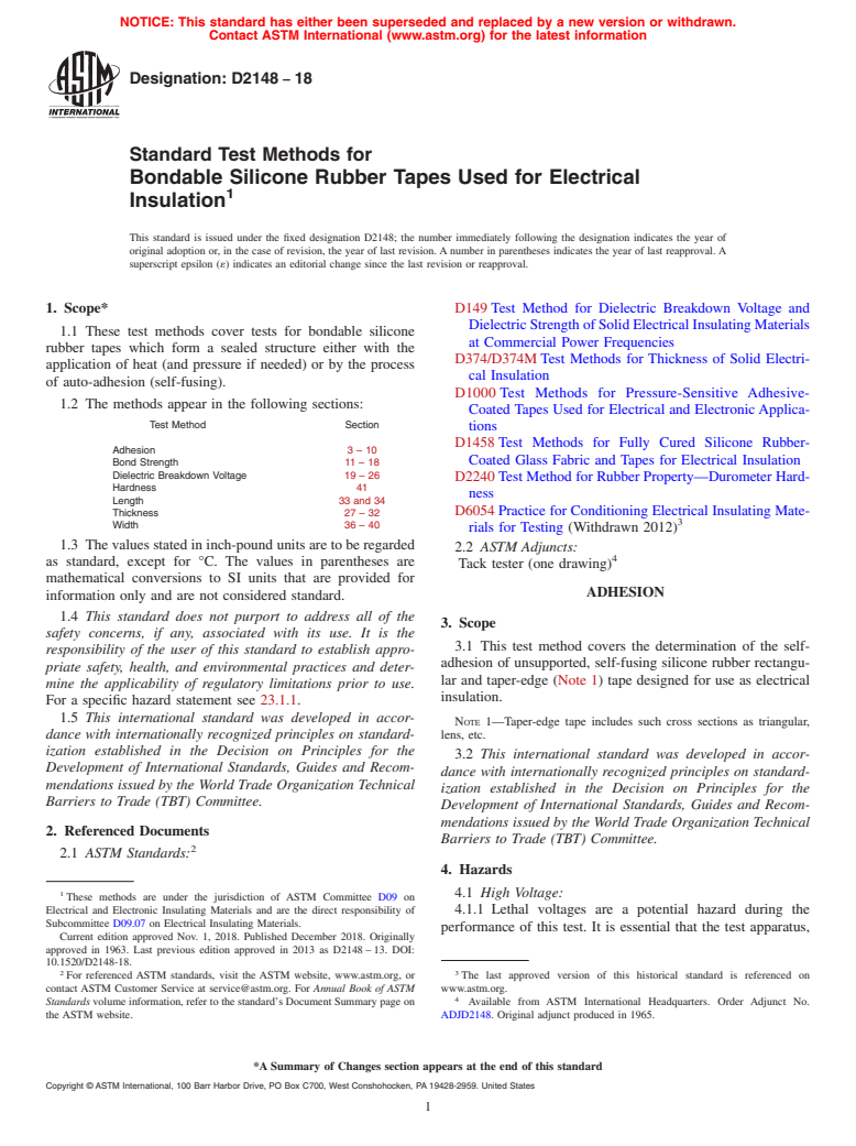 ASTM D2148-18 - Standard Test Methods for  Bondable Silicone Rubber Tapes Used for Electrical Insulation