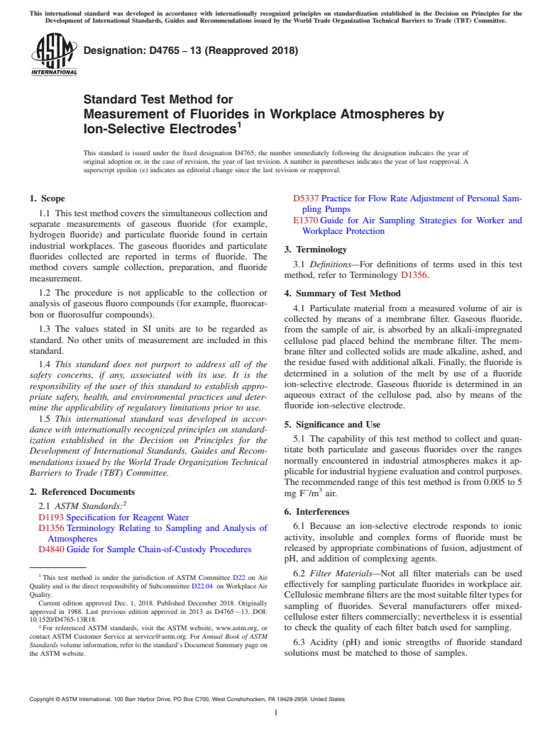 ASTM D4765-13(2018) - Standard Test Method for Measurement of Fluorides in Workplace Atmospheres by Ion-Selective  Electrodes