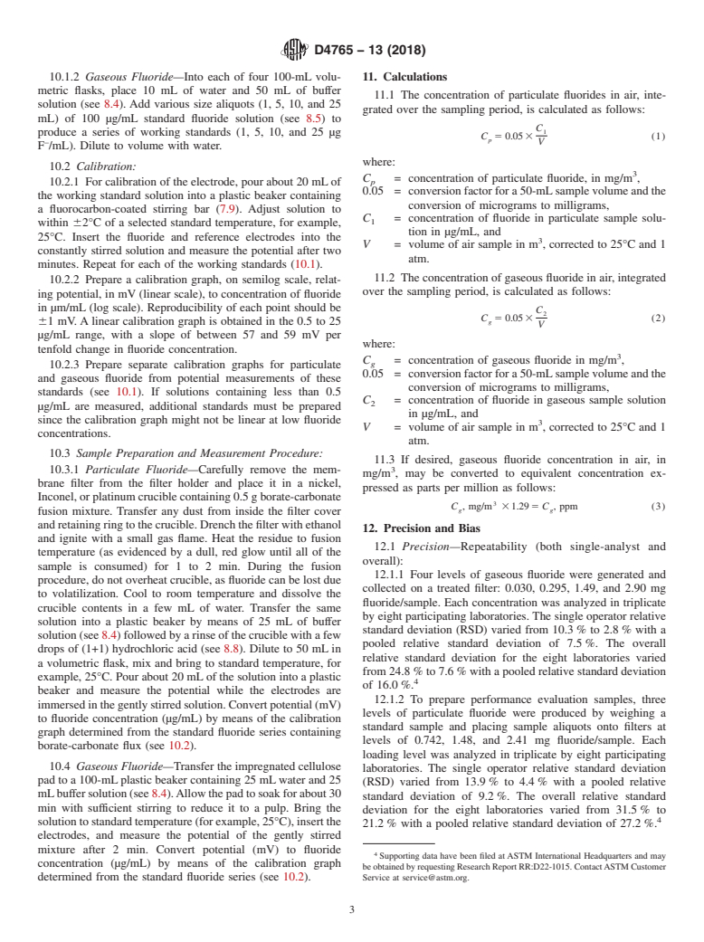 ASTM D4765-13(2018) - Standard Test Method for Measurement of Fluorides in Workplace Atmospheres by Ion-Selective  Electrodes