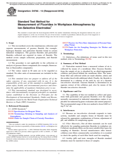 ASTM D4765-13(2018) ASTM D4765-13(2018) - Standard Test Method for Measurement of Fluorides in Workplace Atmospheres by Ion-Selective Electrodes - Page 1 preview