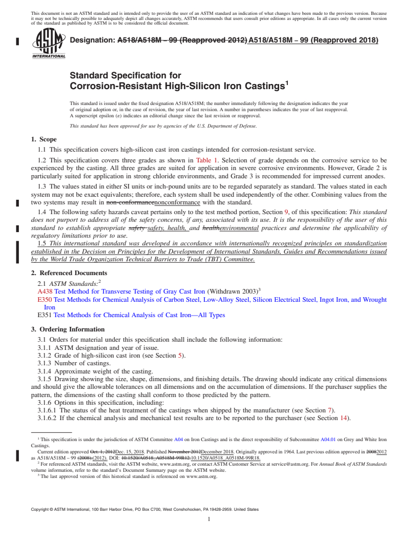 REDLINE ASTM A518/A518M-99(2018) - Standard Specification for  Corrosion-Resistant High-Silicon Iron Castings