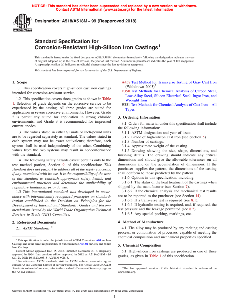 ASTM A518/A518M-99(2018) - Standard Specification for  Corrosion-Resistant High-Silicon Iron Castings