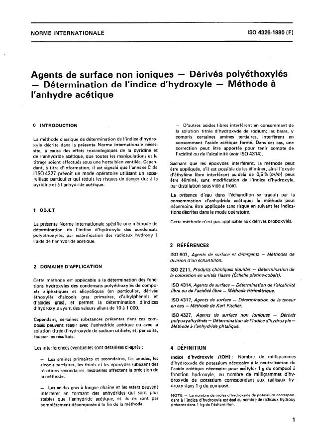 ISO 4326:1980 - Agents de surface non ioniques -- Dérivés polyéthoxylés -- Détermination de l'indice d'hydroxyle -- Méthode a l'anhydride acétique