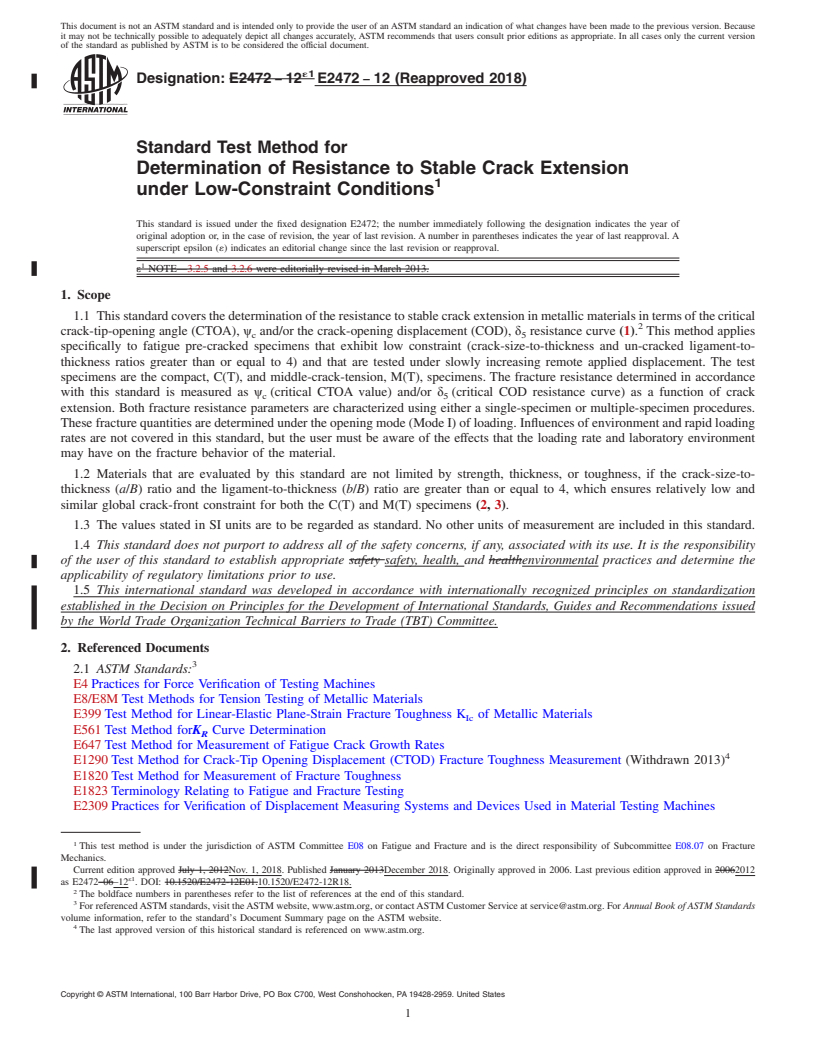 REDLINE ASTM E2472-12(2018) - Standard Test Method for  Determination of Resistance to Stable Crack Extension under  Low-Constraint Conditions