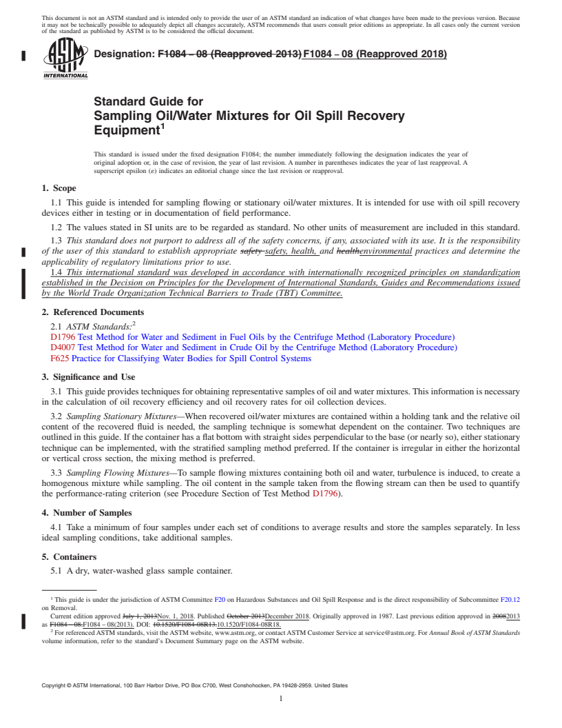 REDLINE ASTM F1084-08(2018) - Standard Guide for  Sampling Oil/Water Mixtures for Oil Spill Recovery Equipment