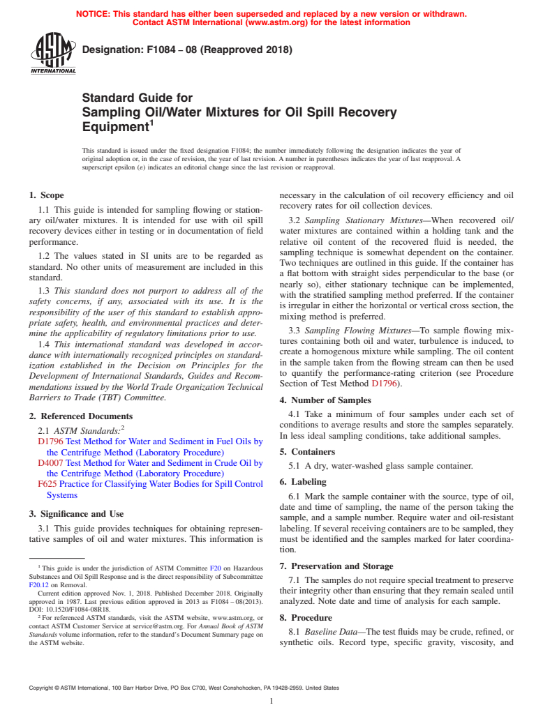 ASTM F1084-08(2018) - Standard Guide for  Sampling Oil/Water Mixtures for Oil Spill Recovery Equipment