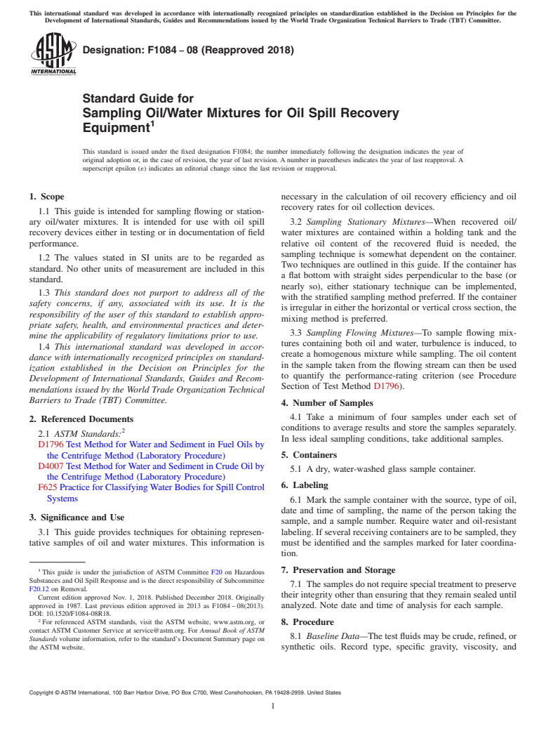 ASTM F1084-08(2018) - Standard Guide for  Sampling Oil/Water Mixtures for Oil Spill Recovery Equipment