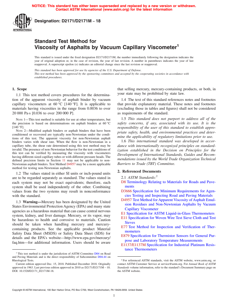 ASTM D2171/D2171M-18 - Standard Test Method for  Viscosity of Asphalts by Vacuum Capillary Viscometer