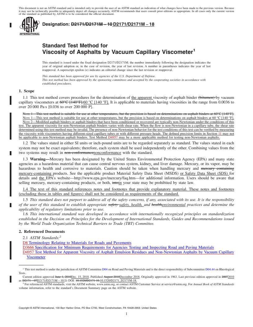 REDLINE ASTM D2171/D2171M-18 - Standard Test Method for  Viscosity of Asphalts by Vacuum Capillary Viscometer