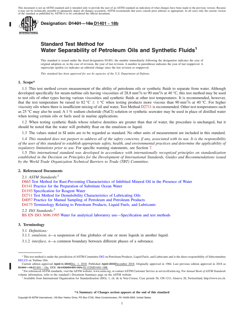 REDLINE ASTM D1401-18b - Standard Test Method for  Water Separability of Petroleum Oils and Synthetic Fluids