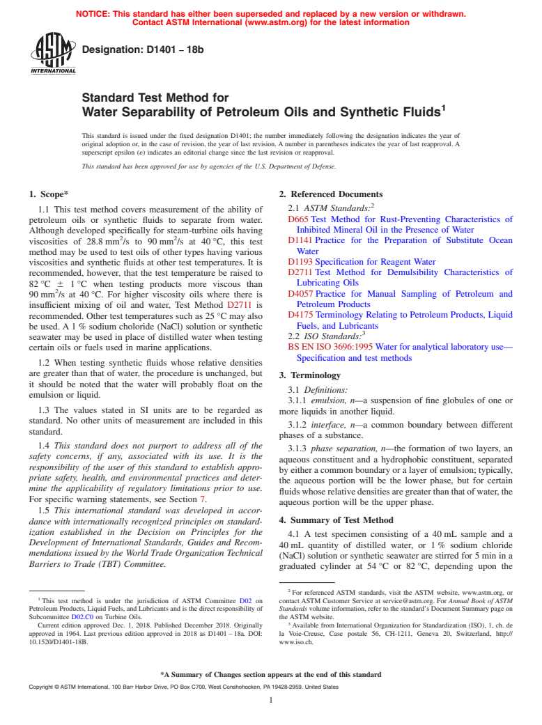 ASTM D1401-18b - Standard Test Method for  Water Separability of Petroleum Oils and Synthetic Fluids