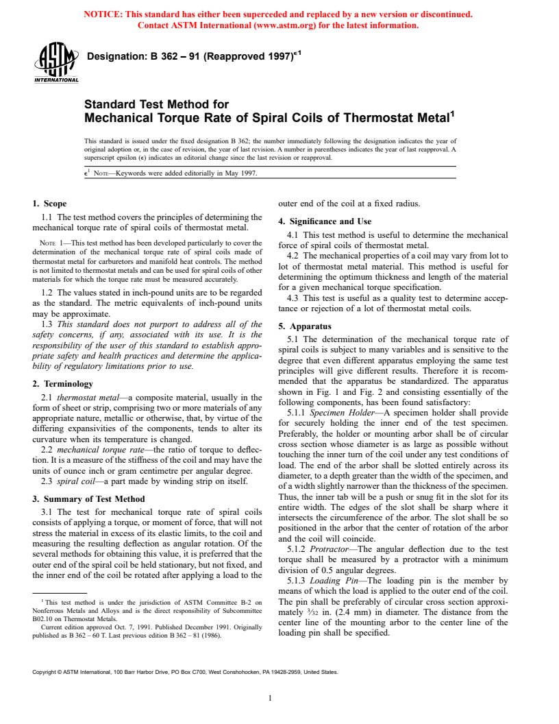 ASTM B362-91(1997)e1 - Standard Test Method for Mechanical Torque Rate of Spiral Coils of Thermostat Metal