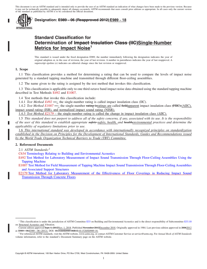 REDLINE ASTM E989-18 - Standard Classification for  Determination of Single-Number Metrics for Impact Noise